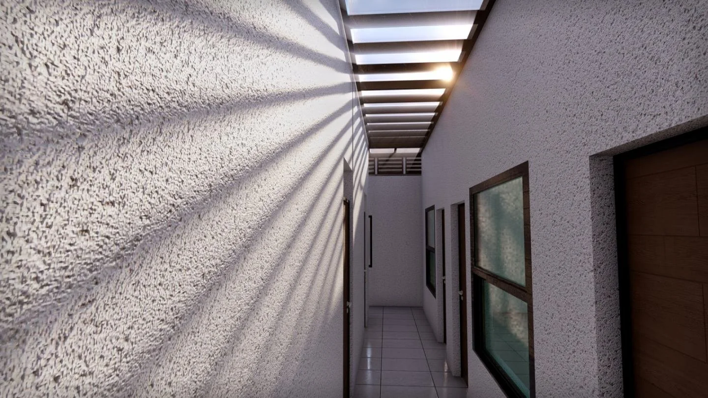 Zoomed view of duplex exterior highlighting clean lines, recessed lighting, and layered architectural elements.