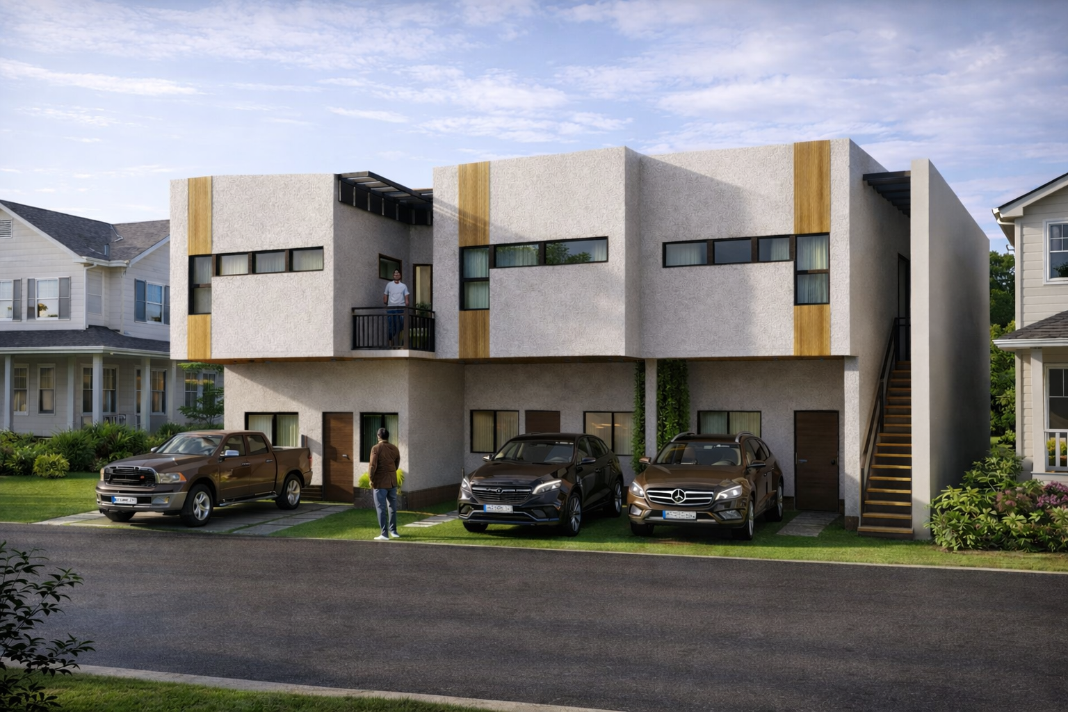 Modern duplex apartment with box-like upper extensions, wood accents, and landscaped frontage.
