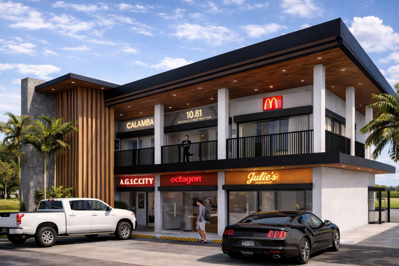 Mixed-use building with fluted wall panels in an urban setting