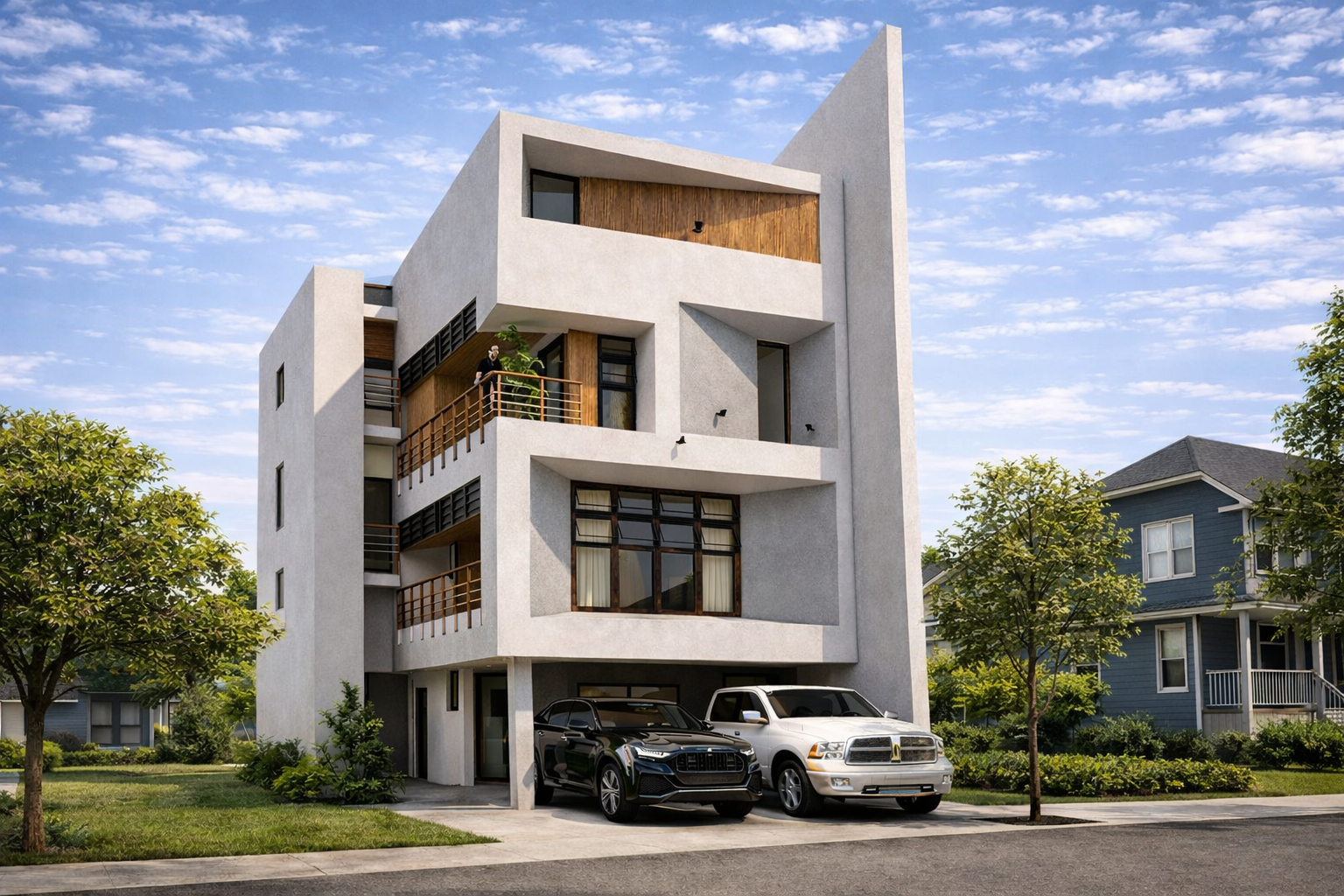Modern multi-storey apartment with minimalist design, concrete and wood finishes, balconies, and landscaped surroundings.