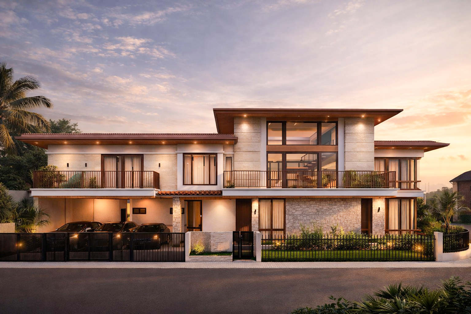 Luxurious modern two-storey house at dusk with clean lines, large glass windows, stone cladding, recessed lighting, and landscaped garden.