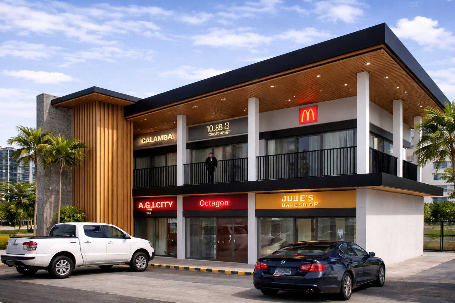 Mixed-use building with stone and wood accents in an urban setting