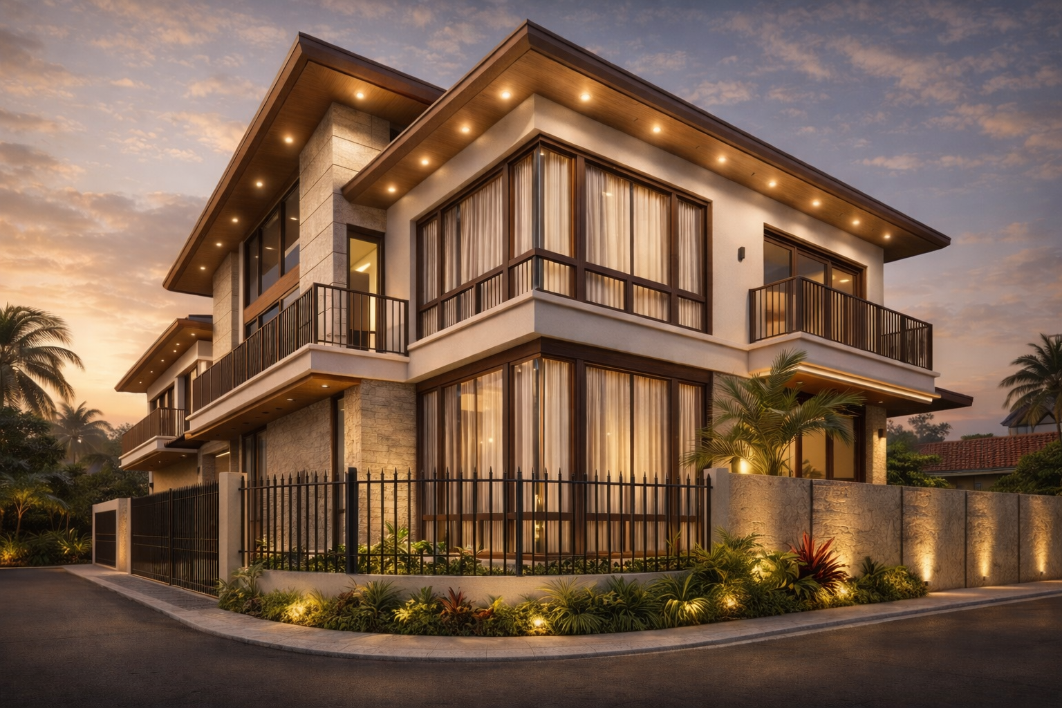 Luxurious modern two-storey house at dusk with clean lines, large glass windows, stone cladding, recessed lighting, and landscaped garden.