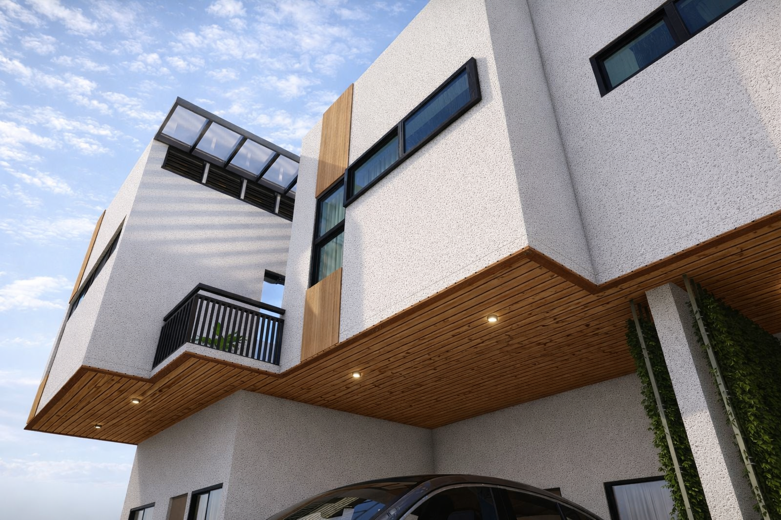 Close-up of duplex apartment façade showing wood-textured panels, white surfaces, and geometric balcony design.