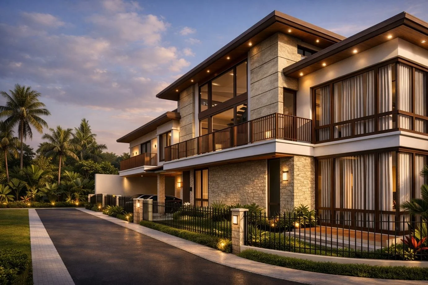 Modern two-storey house with large glass windows, stone and wood finishes, recessed lighting, and landscaped tropical yard at sunset.