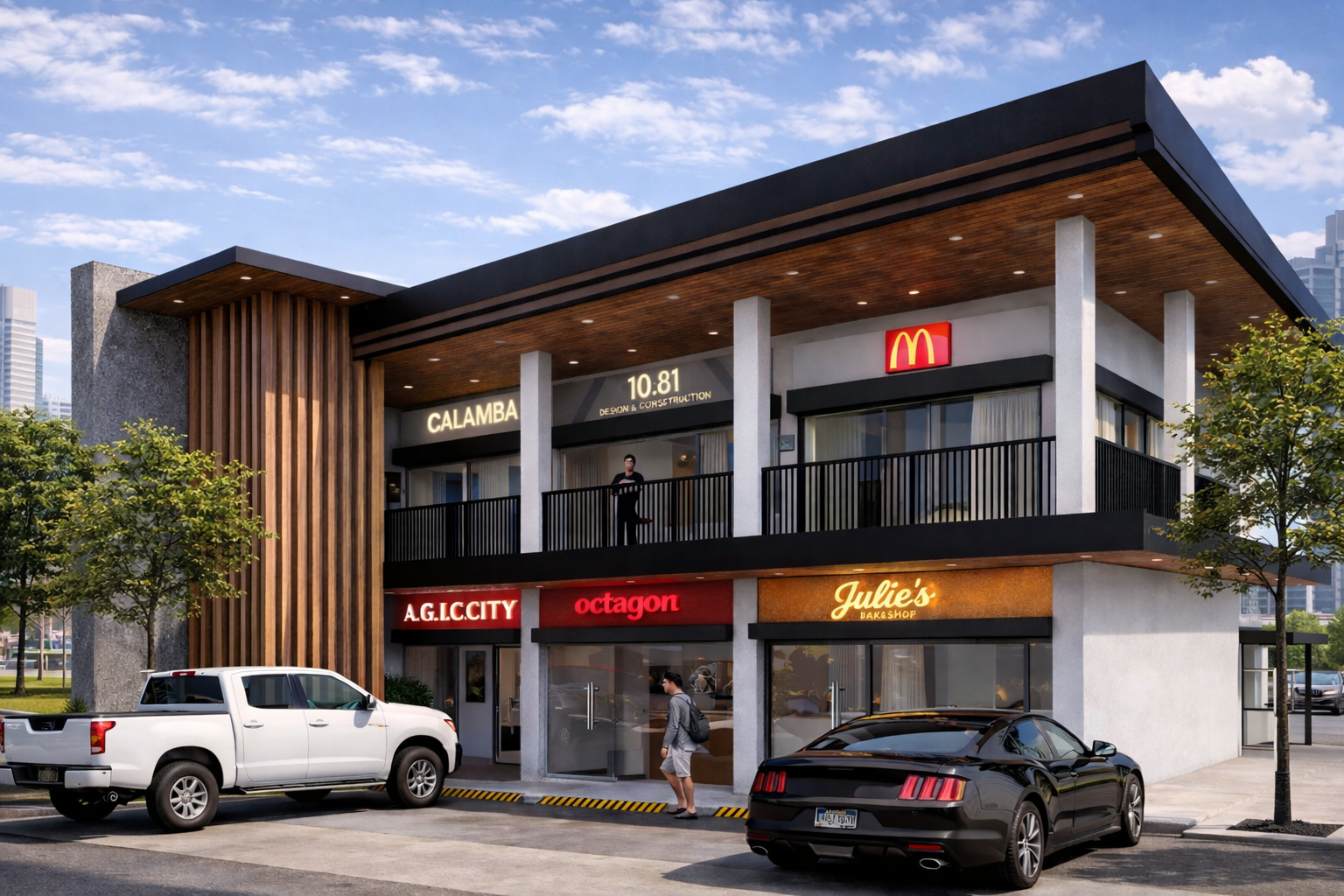 Mixed-use building with fluted wall panels in an urban setting