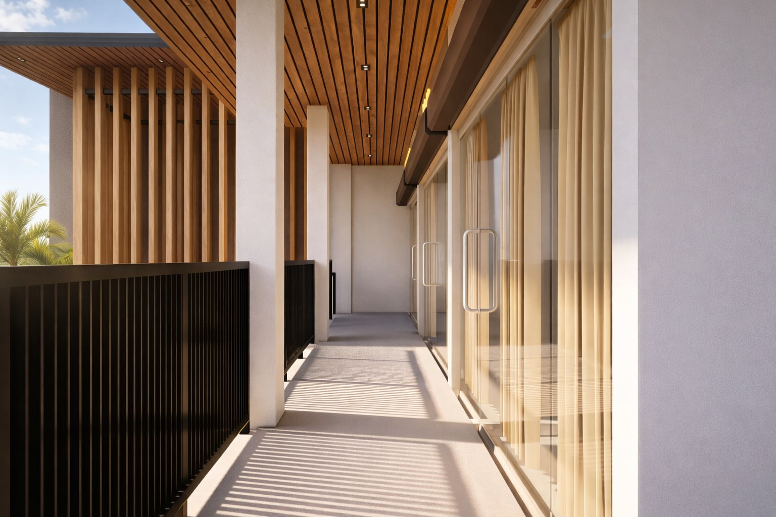 Building walkway with warm wood ceiling and glass doors for mixed-use spaces