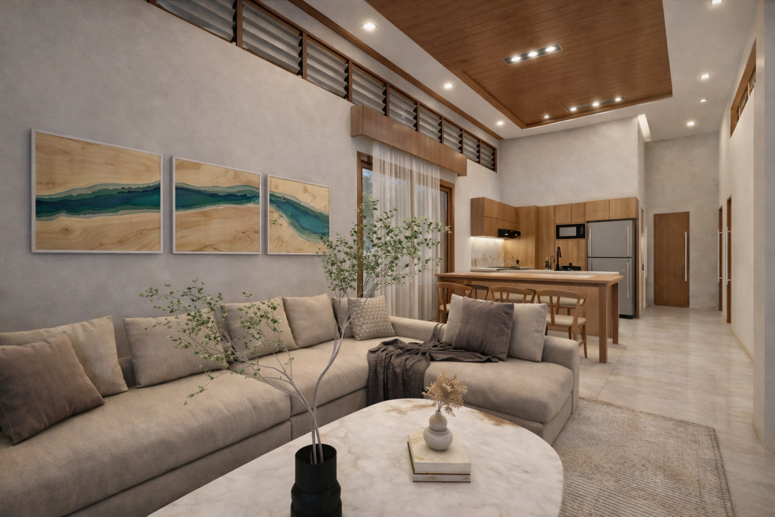 Open-plan living room and kitchen with wood finishes, marble accents, and modern furnishings.