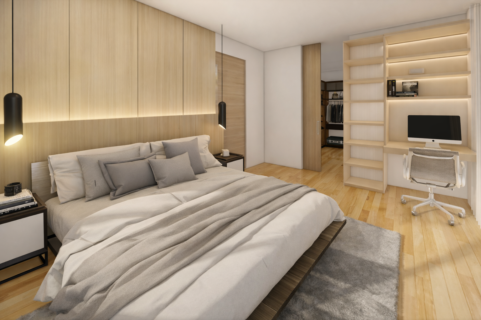 Master bedroom with minimalist design, light wood finishes, built-in desk, and walk-in closet.