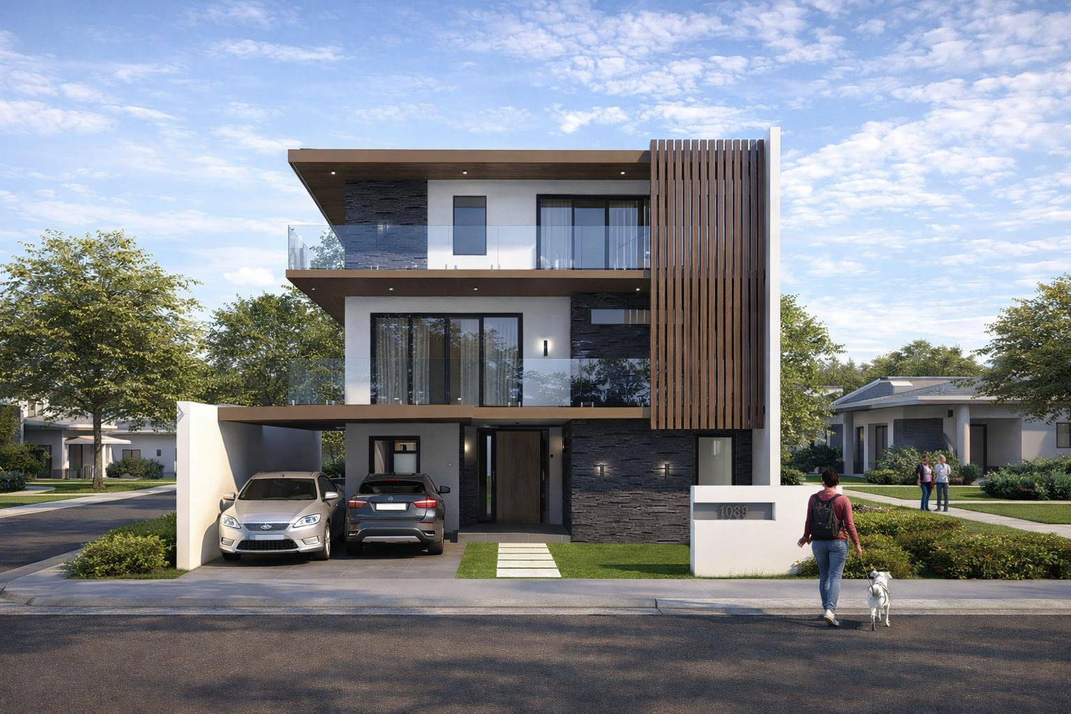 Modern three-storey house with glass balconies, mixed-material façade, and suburban landscaping.