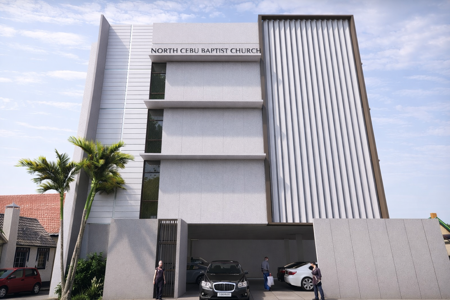 Modern multi-storey church building with sleek lines, large windows, and a vertical facade panel.
