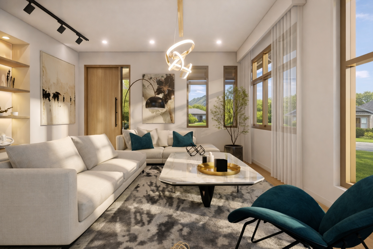 Contemporary living room with white sectional, teal lounge chairs, and marble coffee table.
