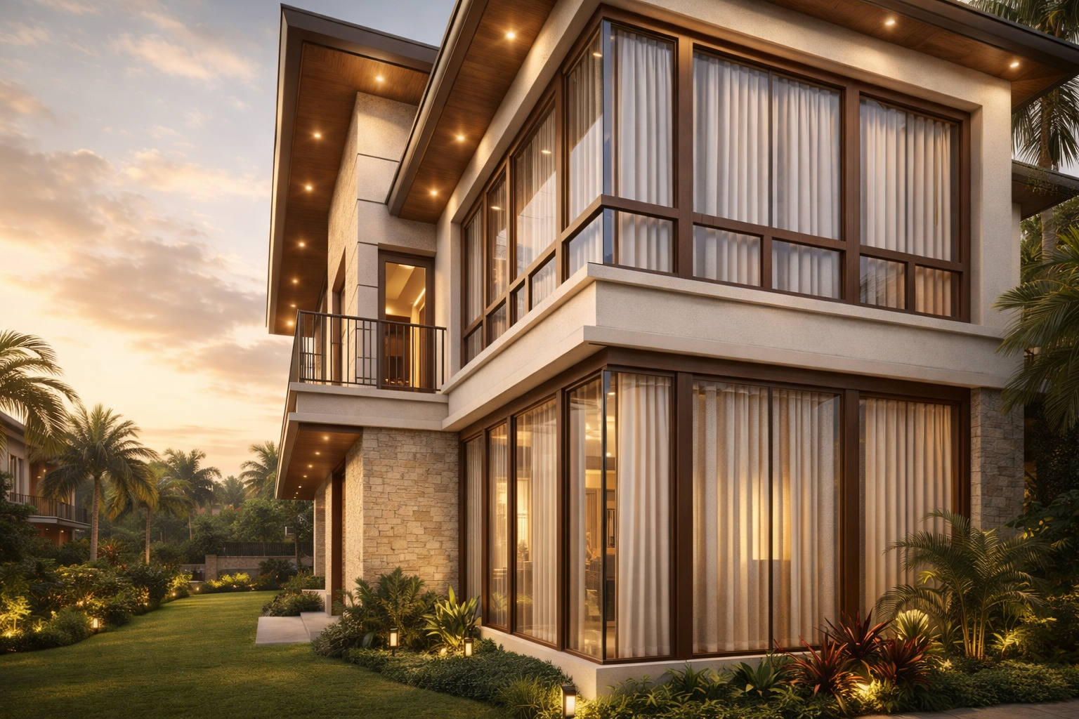 Modern two-storey house with expansive floor-to-ceiling windows, flat roof with recessed lighting, stone cladding, and landscaped tropical garden at sunset.