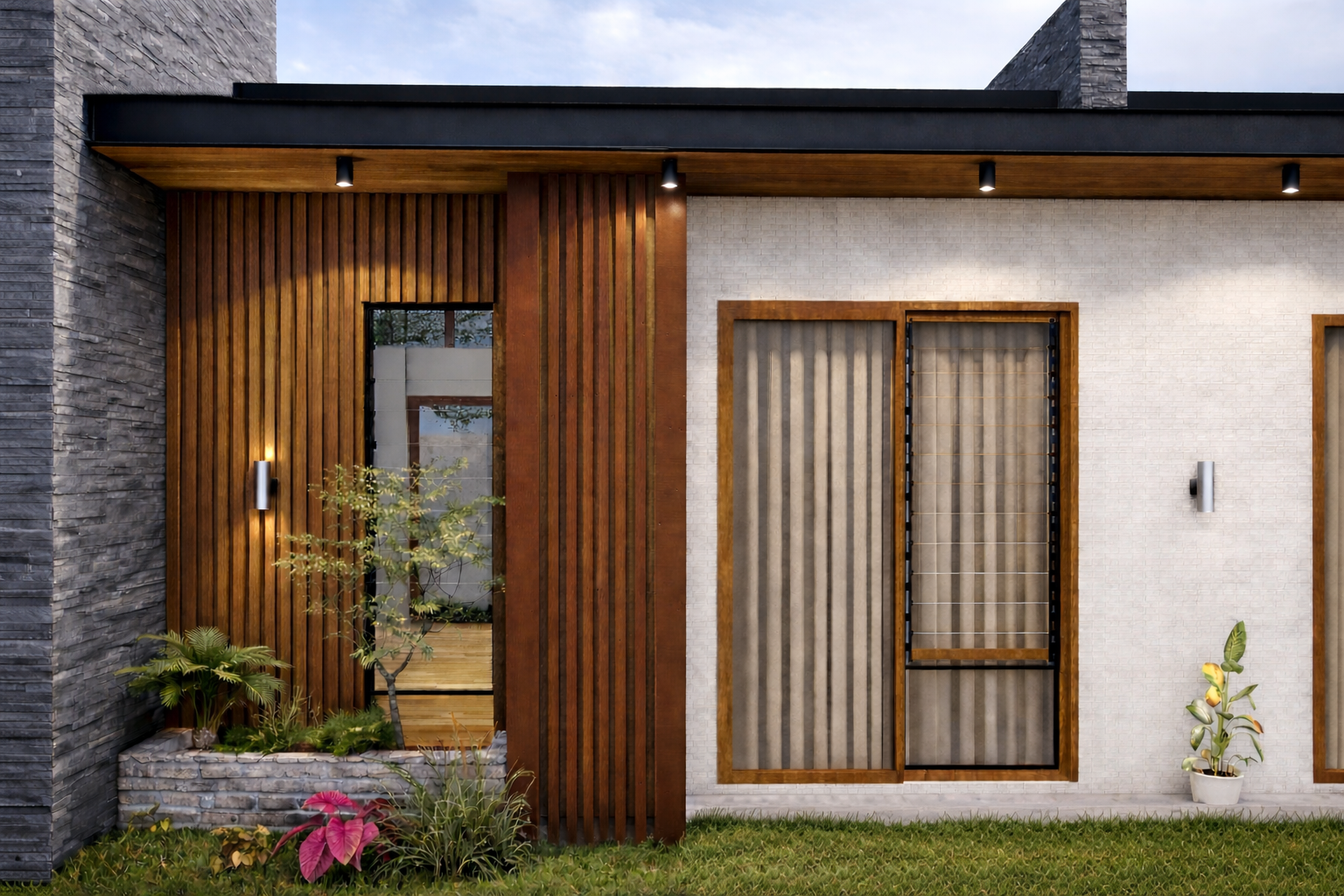 Front section of house with wood slats and stone facade