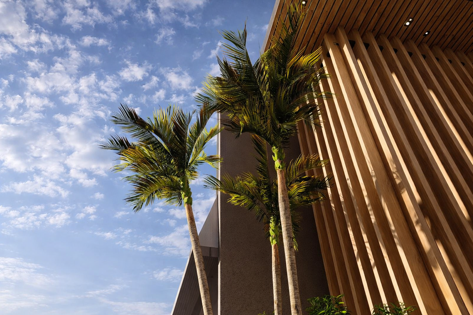 Close-up of fluted wall panel on mixed-use building façade, showcasing vertical texture and modern detailing.
