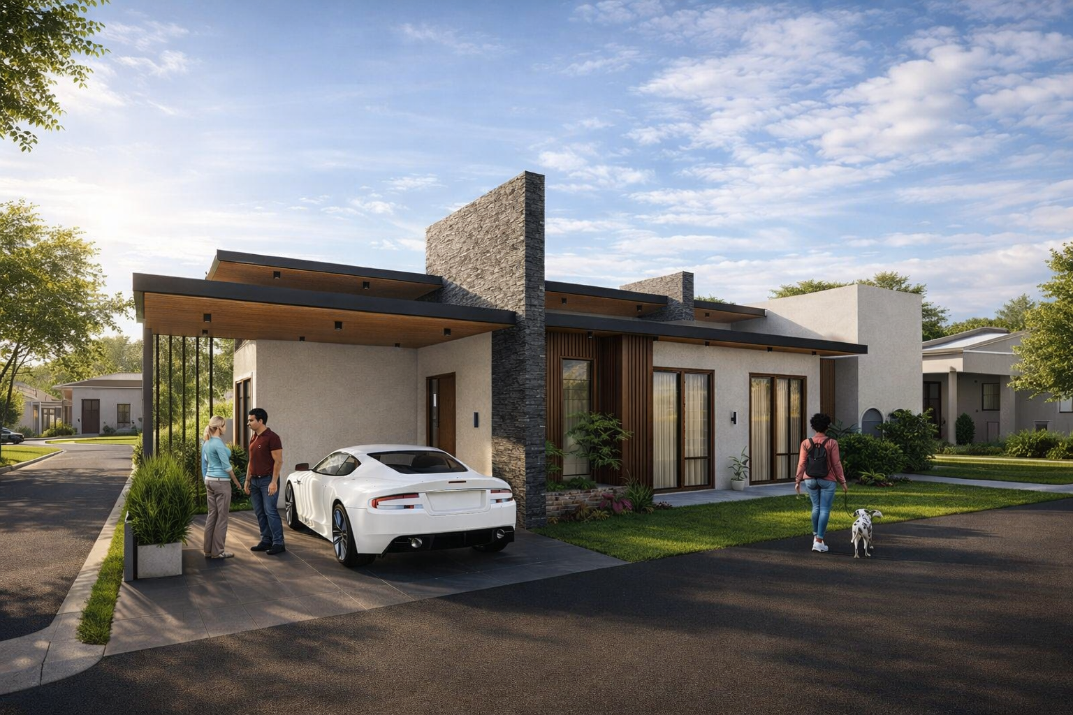 Modern single-storey house with flat roof, stone and wood finishes, canopy driveway, and landscaped surroundings.