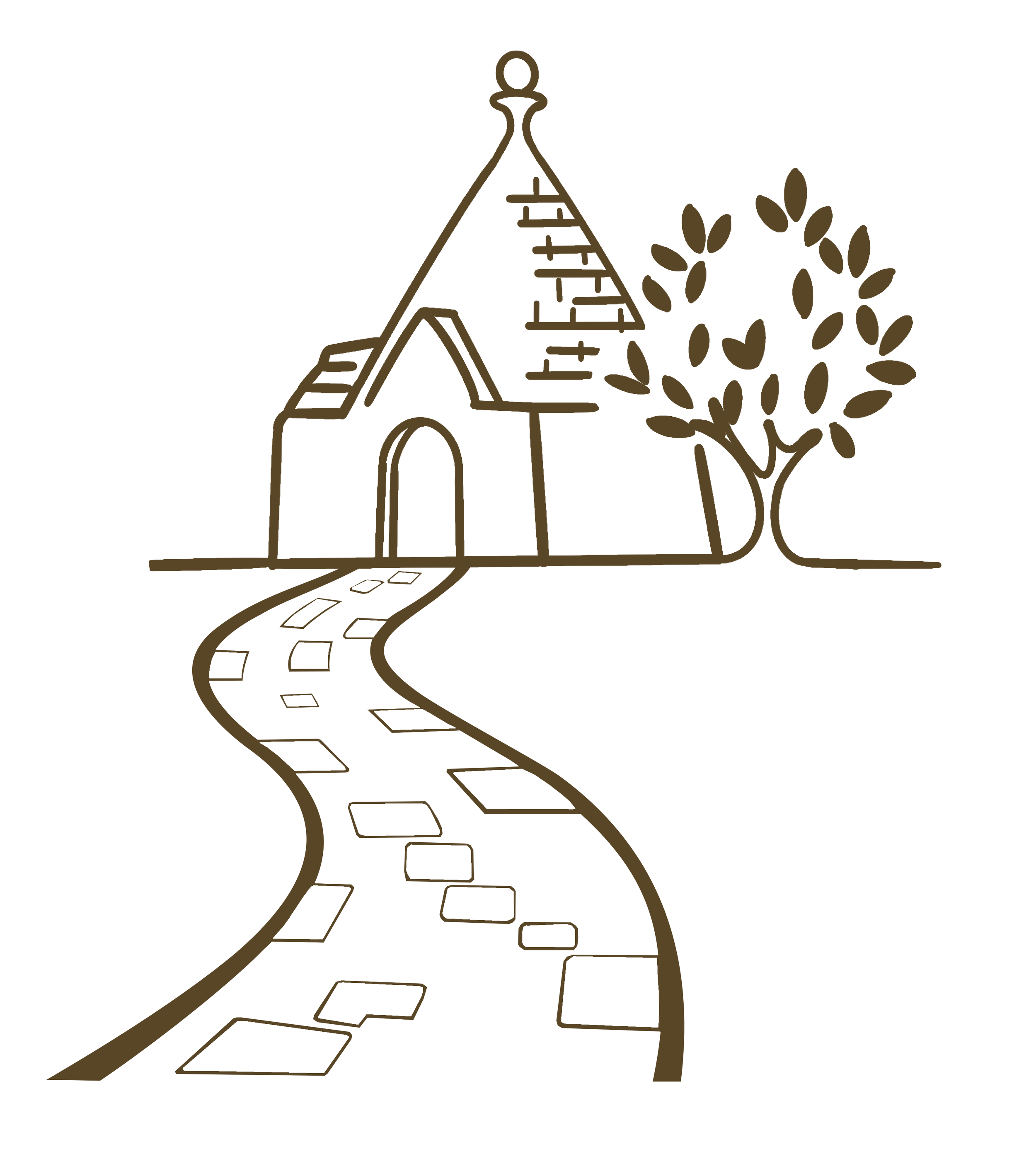 icon of a cobblestone road leading to a trulli and an olive tree.