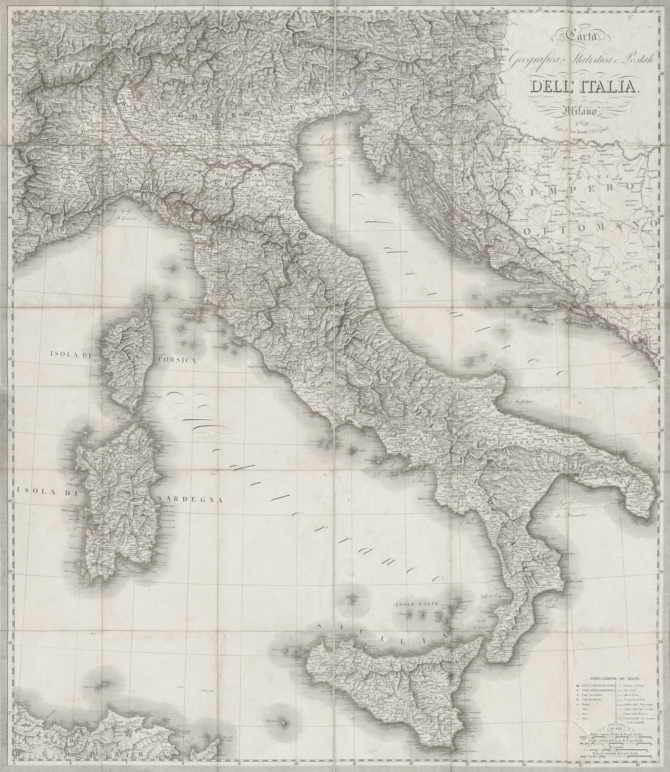 Historical map of Italy from 1827, showing detailed topography and regional divisions including Corsica, Sardinia, and Sicily.