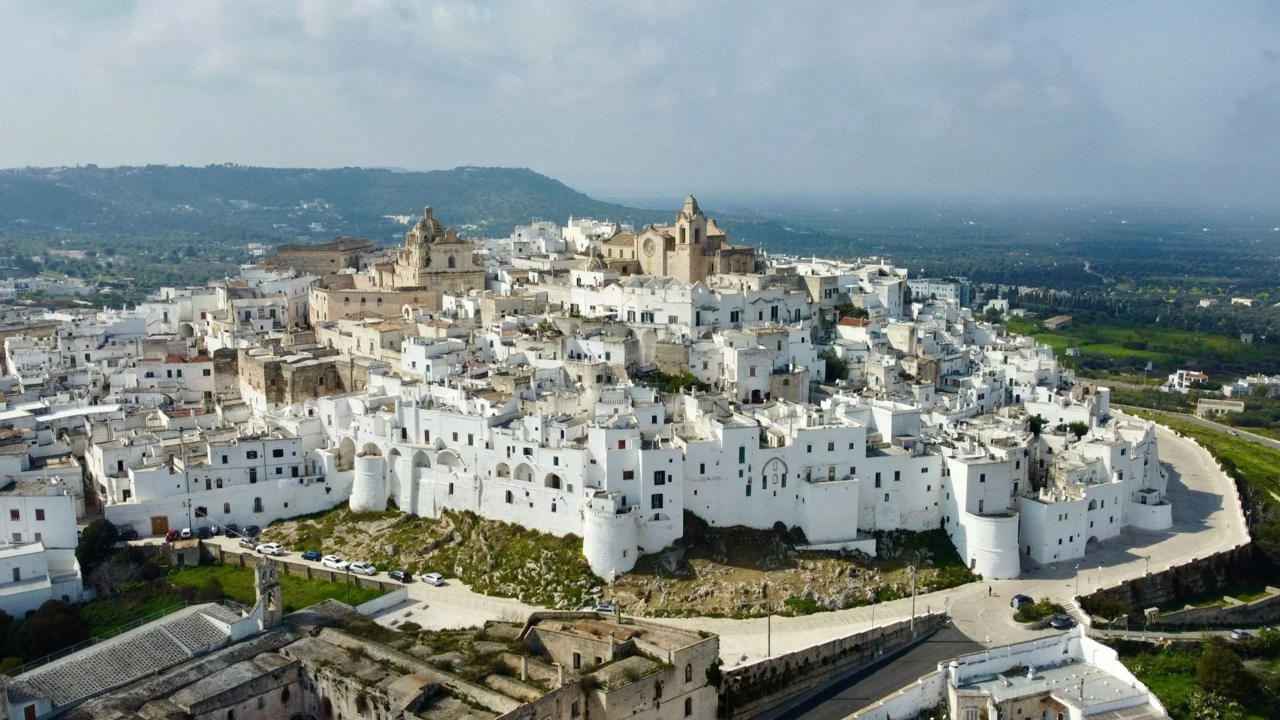 Ariel view of Ostuni white town in Puglia Italy.