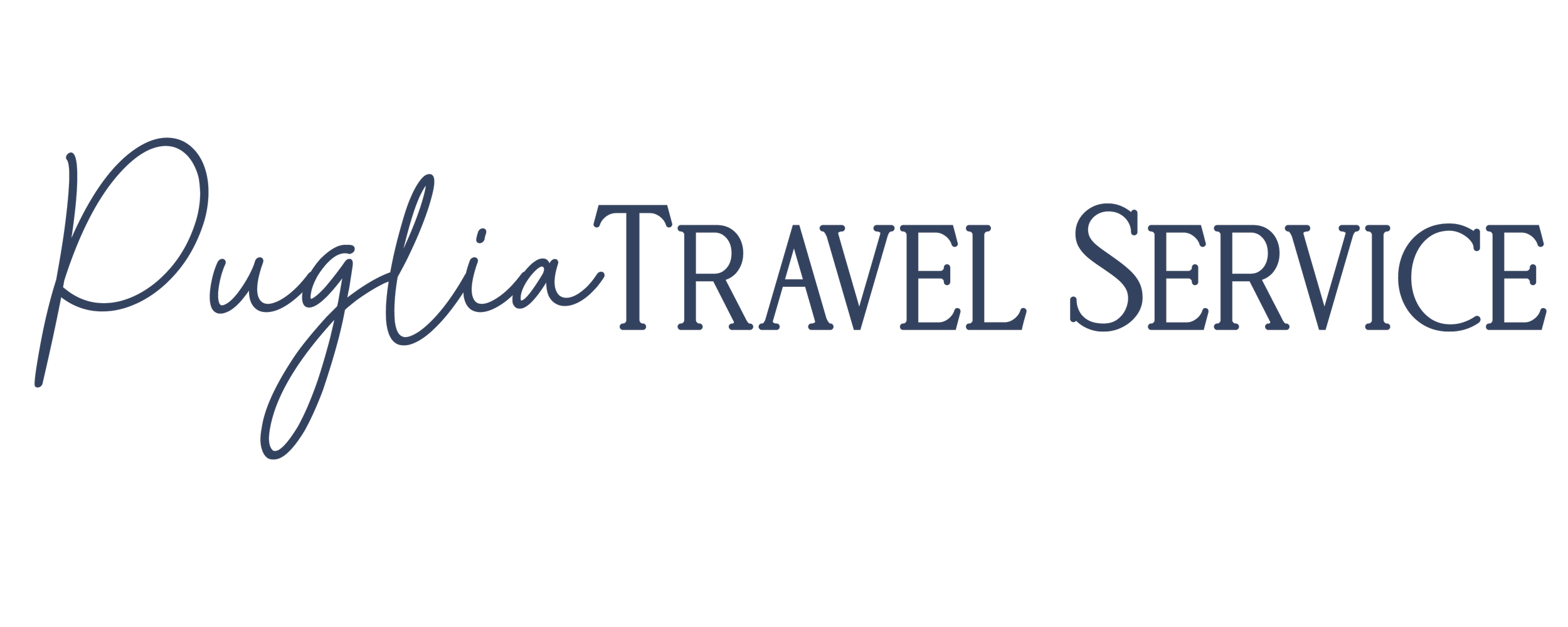 Logo for Puglia Travel Service, with the word 'Puglia' in cursive font and 'Travel Service' in uppercase font.