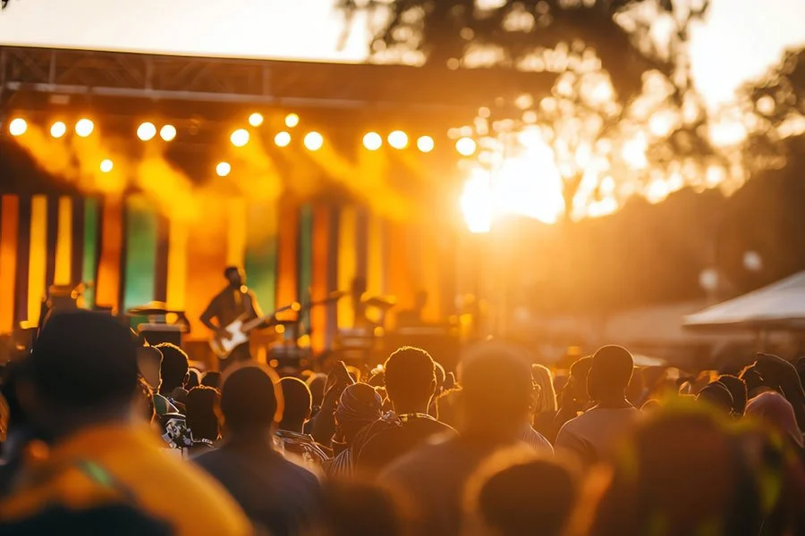 A crowd watching a live outdoor concert at sunset with a musician playing guitar on stage.