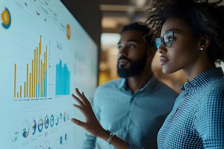 Two professionals analyzing financial charts on a large digital screen in an office setting.