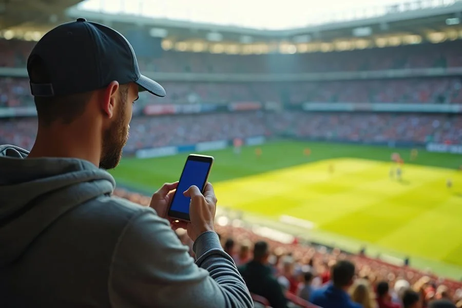 A man wearing a baseball cap and hoodie is using a smartphone in a stadium with a soccer field.