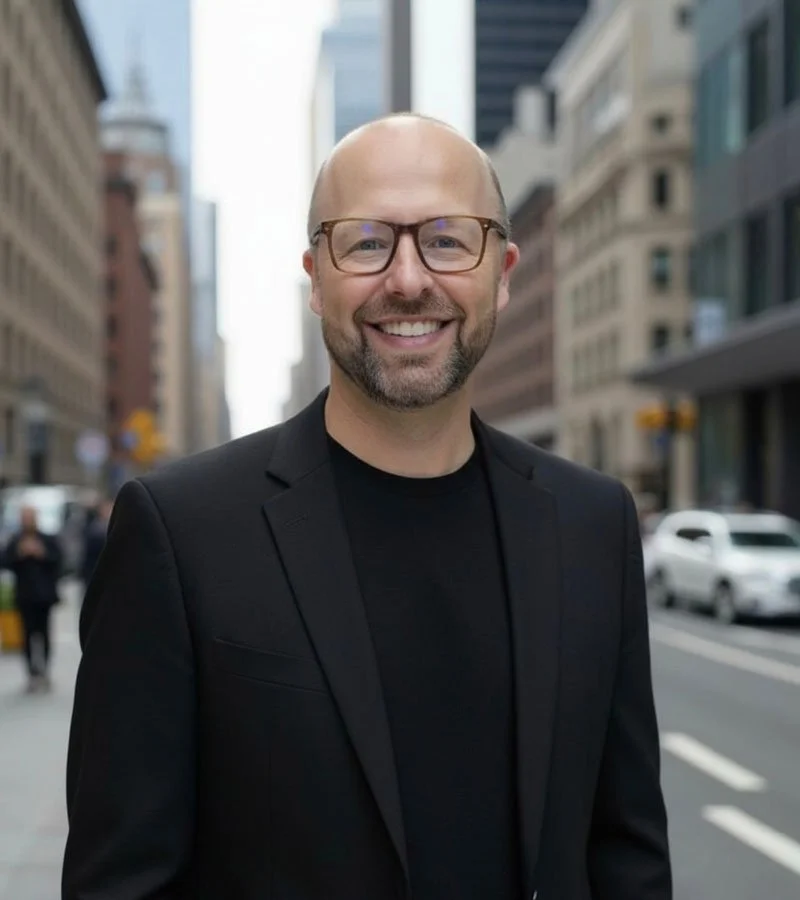 A portrait picture of Jason Thomas smiling in a black blazer and glasses standing on a city street with tall buildings and cars in the background.