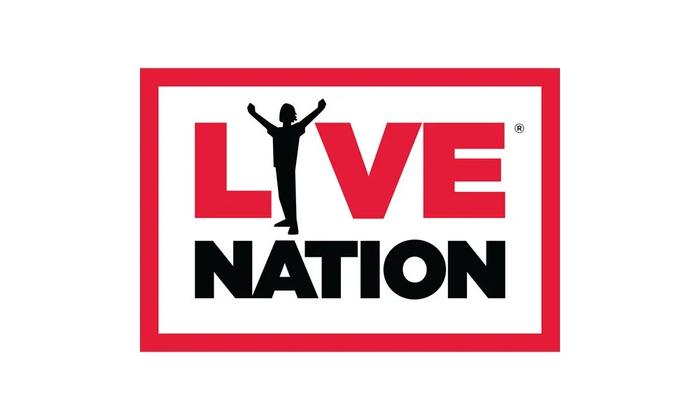 Logo for Live Nation featuring a black silhouette of a person with arms raised, the words "LIVE" in red and "NATION" in black, all within a red border.