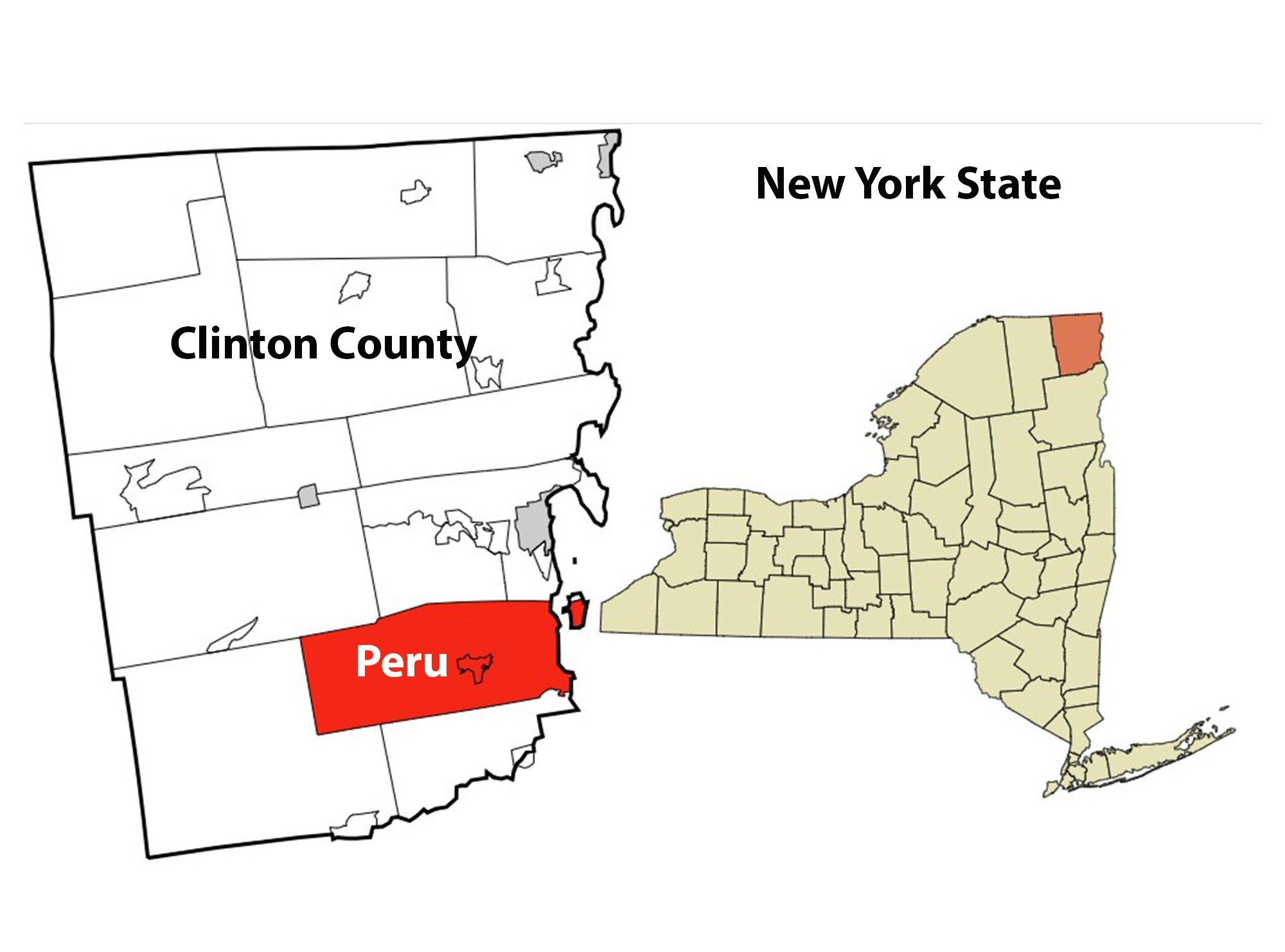Map highlighting Clinton County in New York and Peru in Clinton County, with Peru marked in red, Clinton County labeled on the left, and New York state outlined on the right.