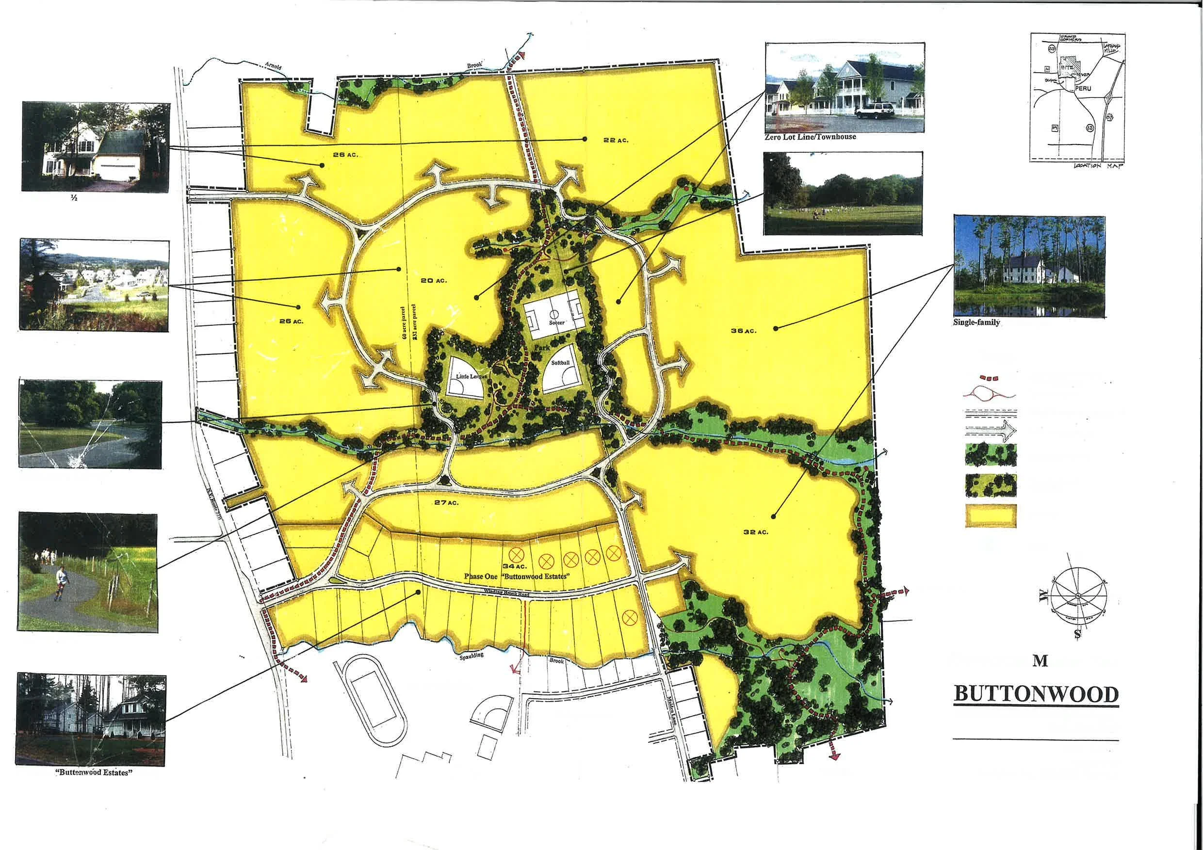Map of Buttonwood residential development with designated lot areas in yellow, featuring roads, green spaces, ponds, and images of houses around the border.