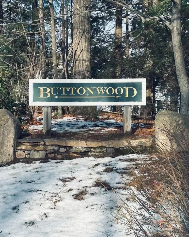 A sign reading 'Buttonwood' on a wooden stand in a wooded area with snow on the ground.