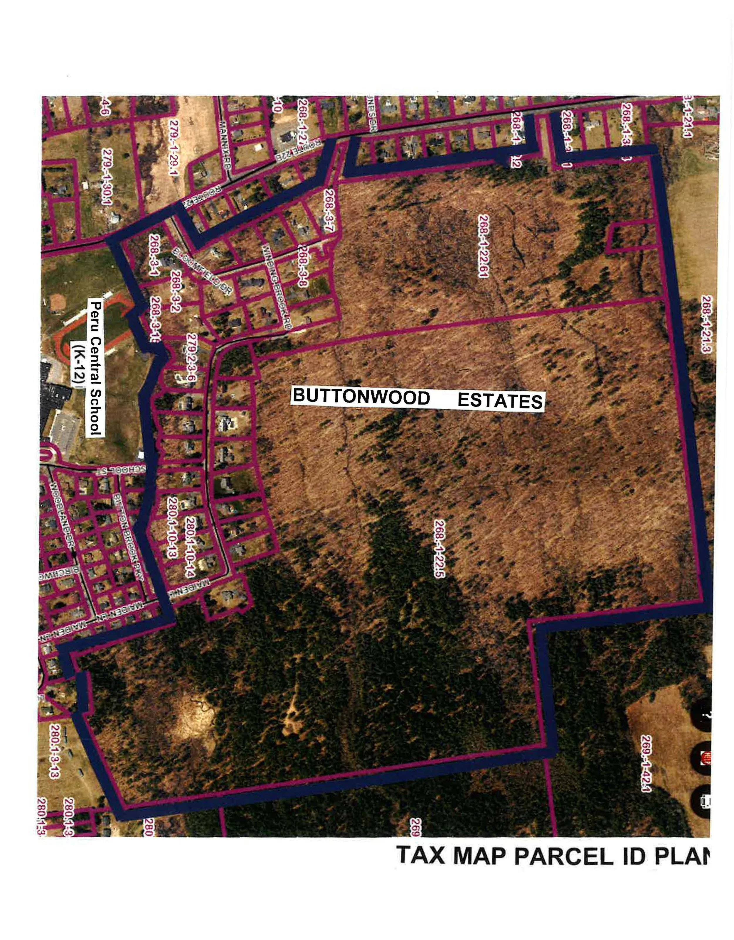 A tax map parcel ID plan showing Buttonwood Estates, with an outline of various parcel boundaries, streets, and labels including Perun Central School.