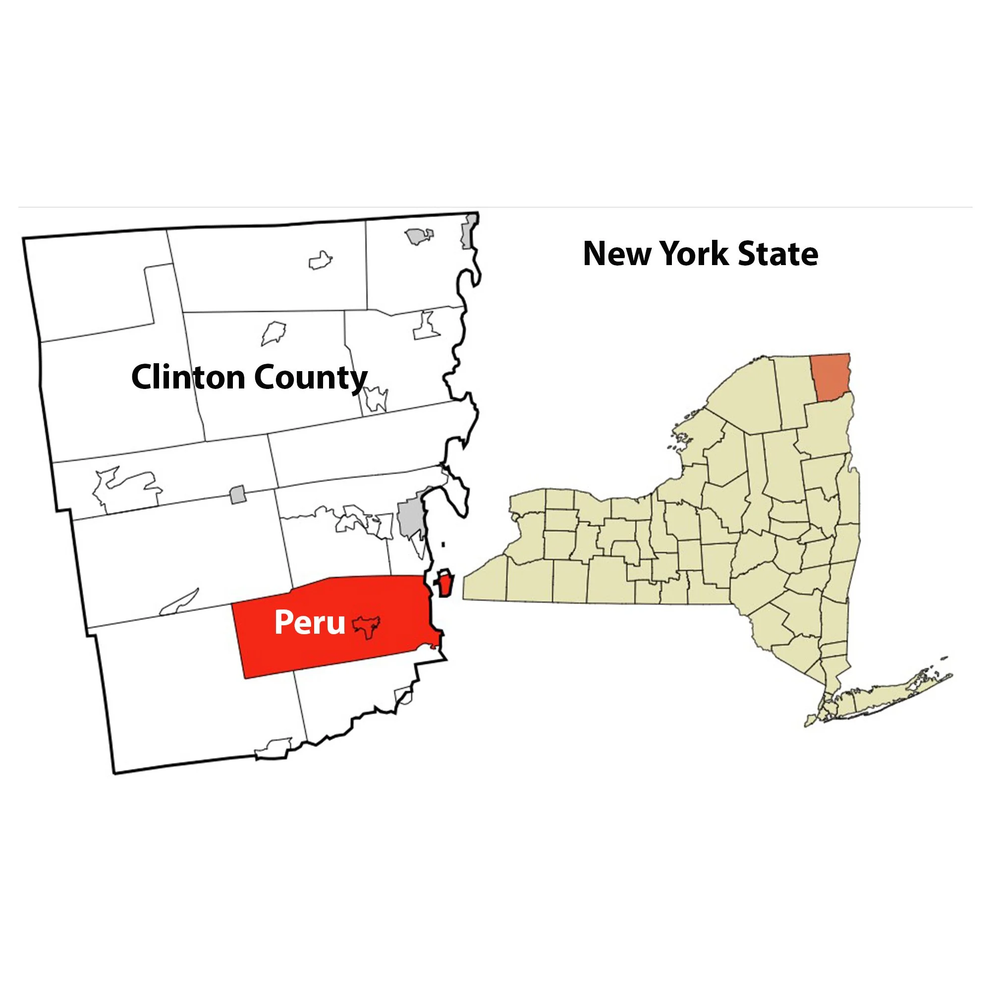 Map highlighting Clinton County in New York, and Peru in Clinton County, with outline of New York State.