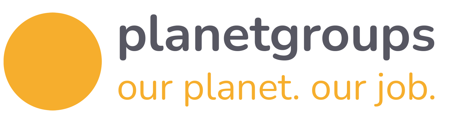 Das Logo der Organisation 'planetgroups' mit einem orangen Kreis und dem Schriftzug 'planetgroups' in grauer Schrift, darunter der Slogan 'our planet. our job.' in orange Schrift.