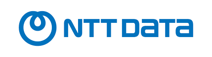 Das Logo von NTT Data in Blau, mit einem ikonischen Symbol über dem Text