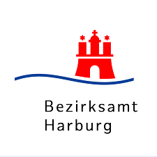 Logo des Bezirksamts Harburg mit rotem Turm und blauer Welle darunter