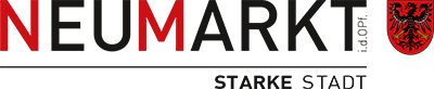 Neumarkt Logo mit rotem, schwarzem und grauem Text und dem Wappen von Neumarkt
