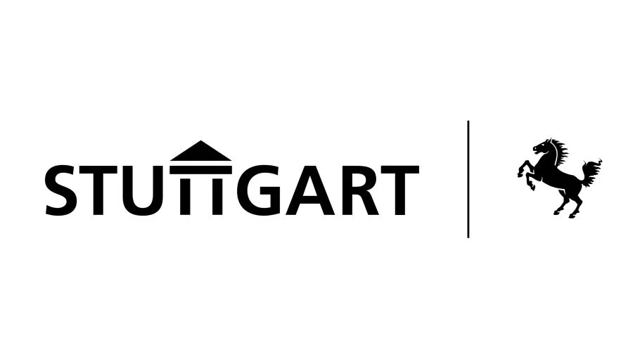 Das Logo zeigt das Wort 'STUTTGART' mit einem stilisierten Dach über dem 'U' und eine schwarze Pferdeskizze auf der rechten Seite.