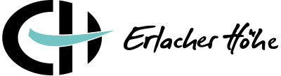 Logo der Erdacher Höhle mit schwarzem Schriftzug und grafischem Element in Blau und Schwarz.