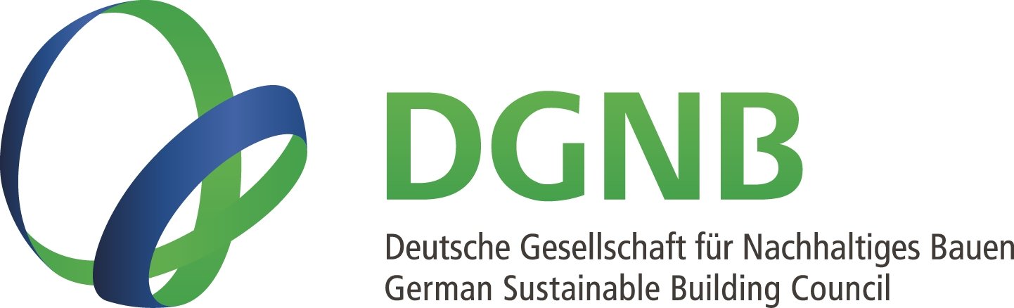 Das Logo des Deutschen Grünen Nachhaltigen Bauens (DGNB), bestehend aus einer stilisierten grünen und blauen Schleife, daneben der Name in Deutsch und Englisch.