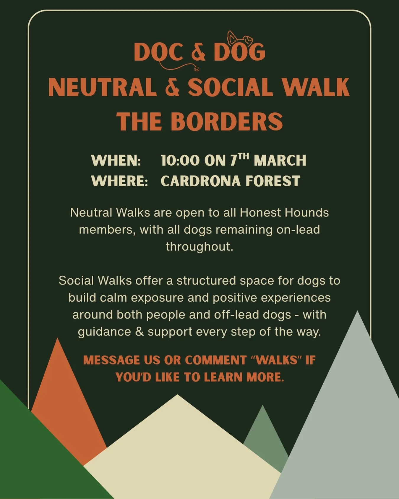 Based in the Borders and looking for a supportive community of likeminded dog owners? 

Neutral Walks with @honesthounds are the PERFECT first step towards helping you and your dog feel more confident getting back out and about. All dogs remain on le