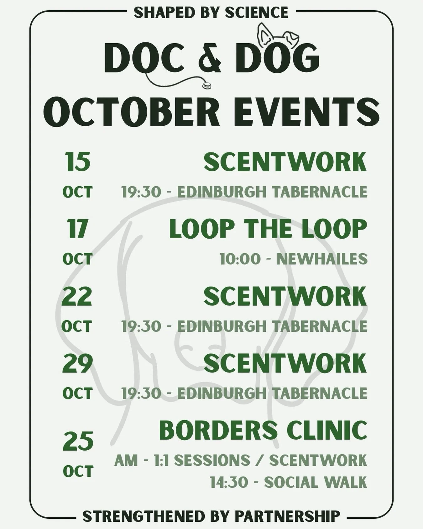 October with DOC &amp; DOG 🍂

So many exciting things coming up! We&rsquo;ve got scentwork in Edinburgh, a day in the Borders, and a new challenge at Newhailes...

🐽 15th, 22nd &amp; 29th October - our Introduction to Scentwork block starts at 7:30