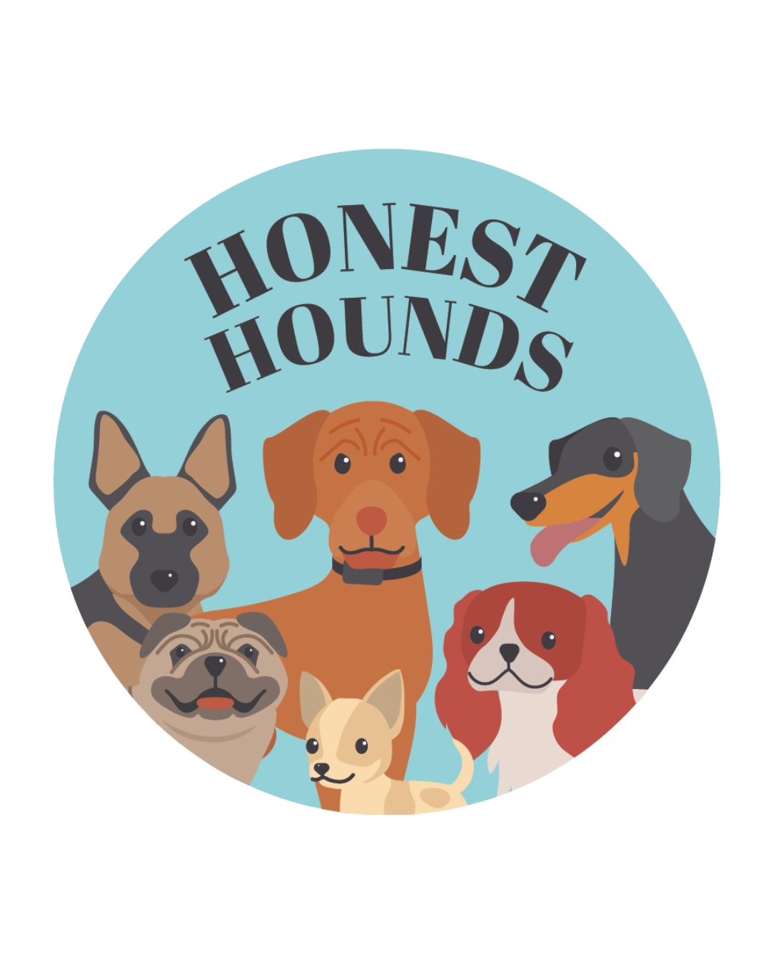 Illustration of various dog breeds with the text 'Honest Hounds' on a light blue background.
