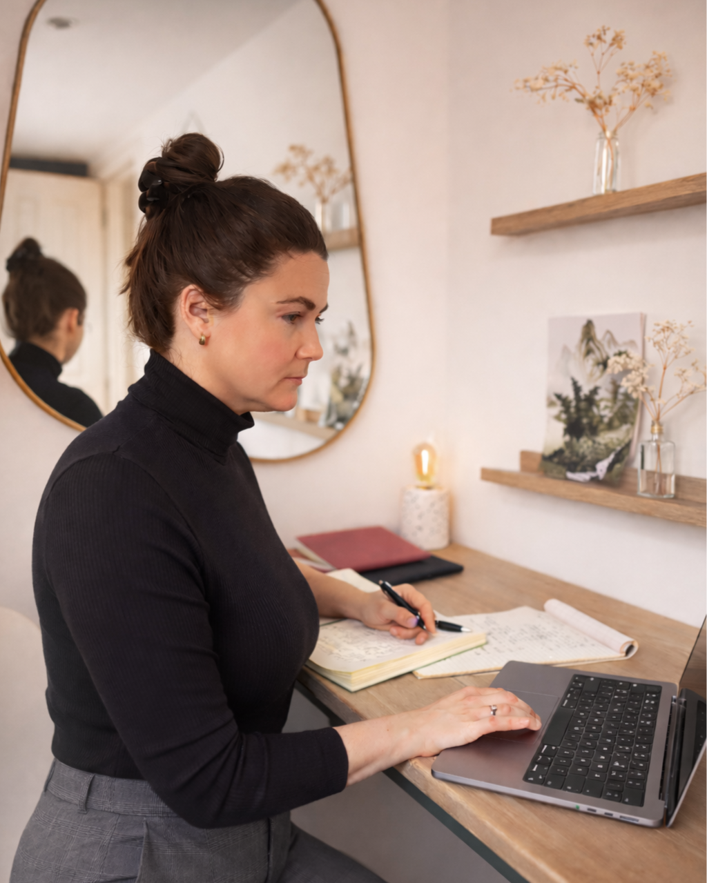 Zara (DOC & DOG Trainer) sits at a desk studying her computer whilst taking notes.