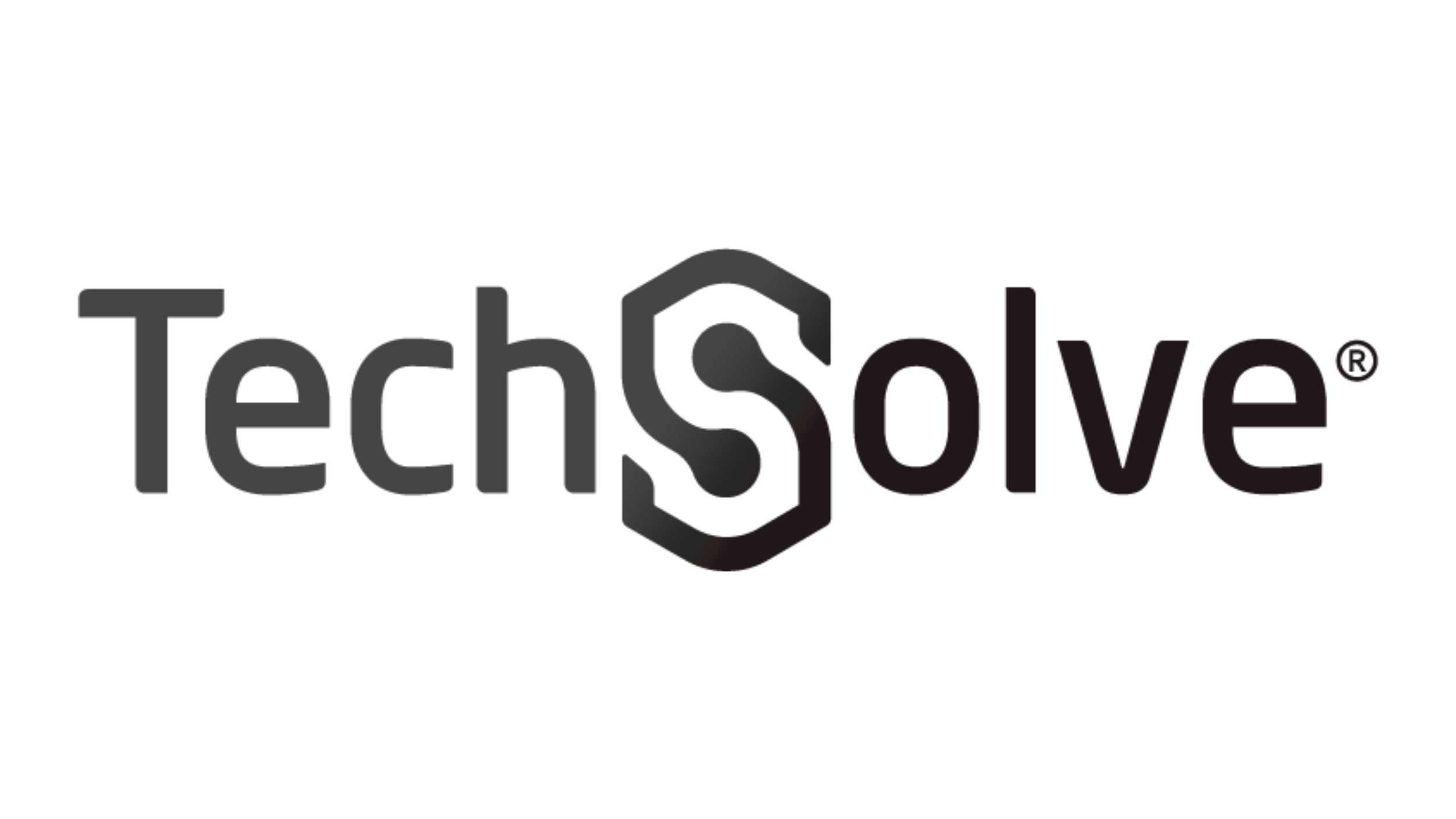 Neon sign with the text 'TechSolve' and a hexagon logo in the center.