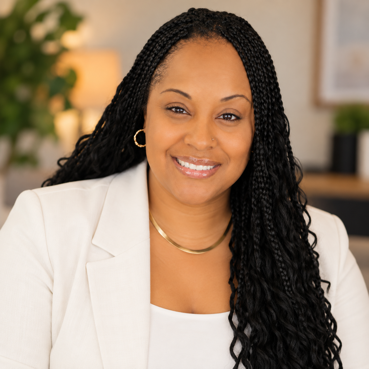 A woman with long braided black hair, smiling, wearing a white blazer and gold jewelry, in an indoor setting with blurred background of plants and office decor.
