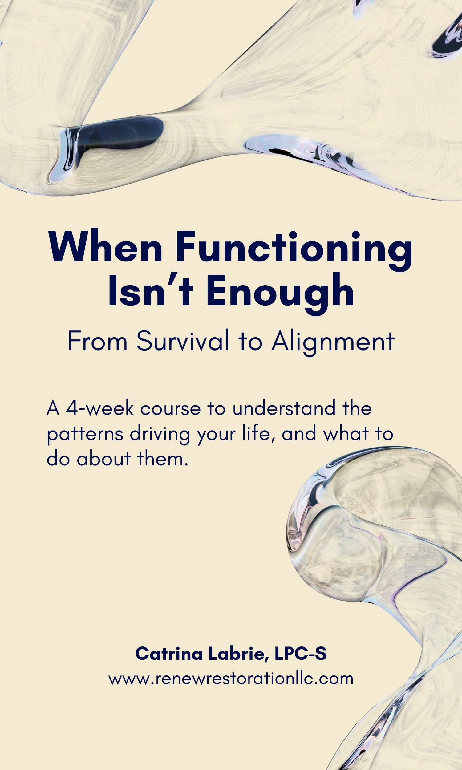 Cover page of a course titled 'When Functioning Isn't Enough: From Survival to Alignment' with abstract, marble-like designs and text about understanding patterns driving your life.