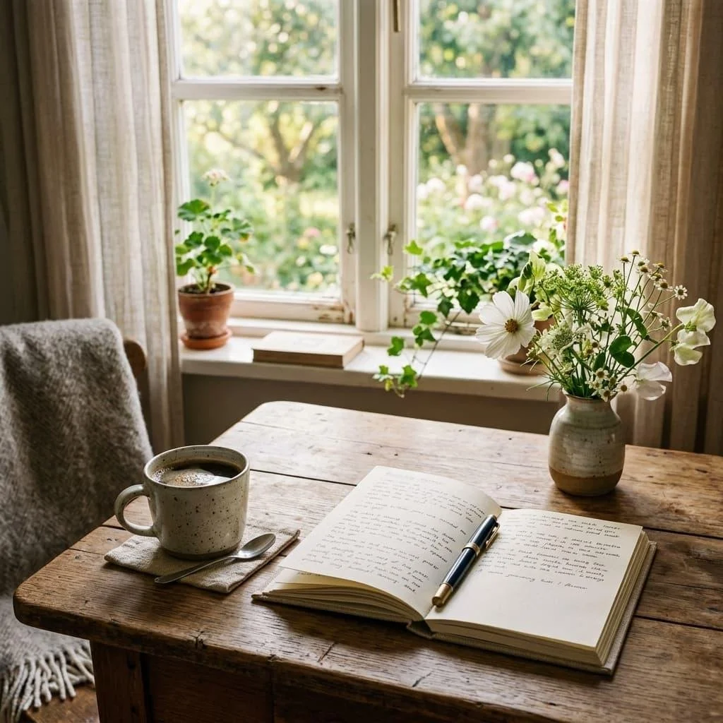 A cozy indoor scene showing a wooden table with an open notebook, a pen, a ceramic mug of coffee, and a vase of white flowers. In the background, a window with curtains reveals a garden with lush green trees and blooming flowers.