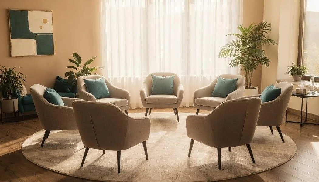 A seating area with seven beige armchairs arranged in a circle on a round rug in a bright room with large windows, sheer curtains, plants, and modern art on the wall.